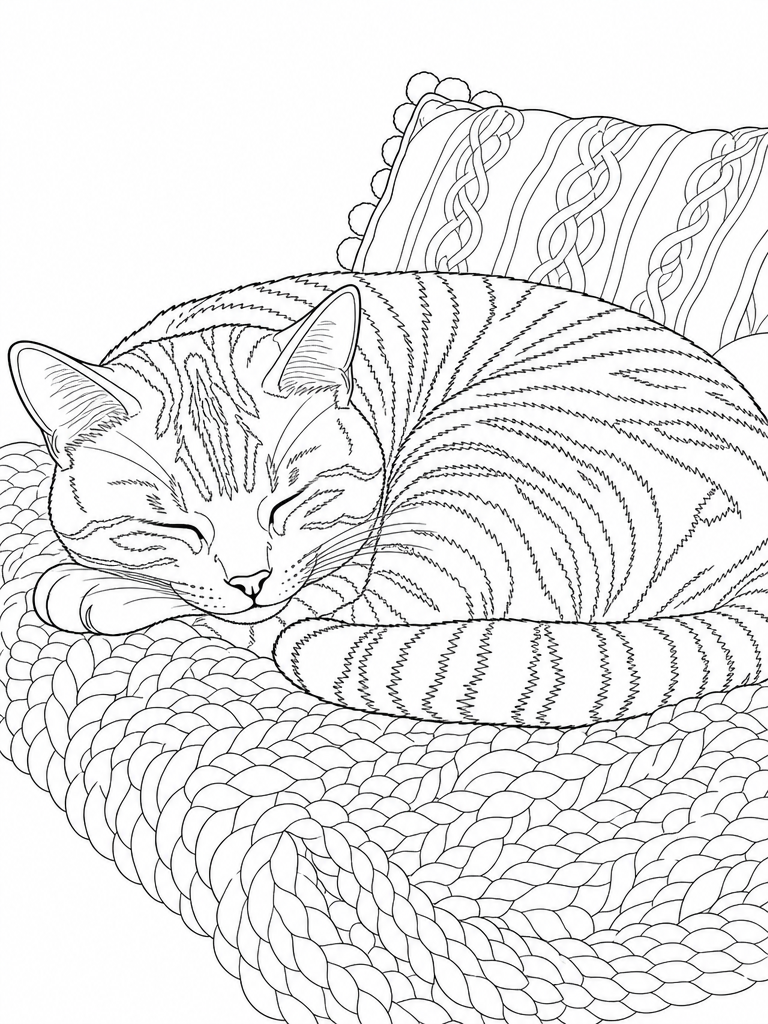 Tabby Asleep coloring page — Tabby asleep on a knitted blanket