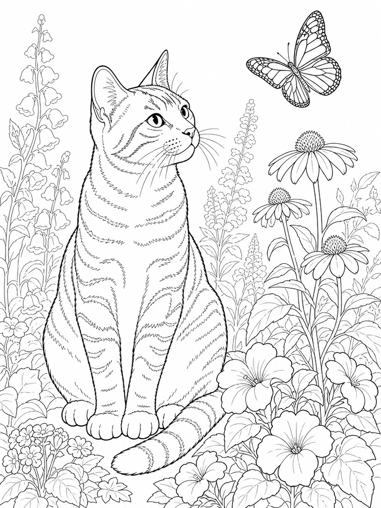 Tabby Garden coloring page — Tabby in the garden watching a butterfly