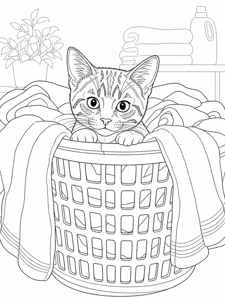 Tabby Kitten Laundry coloring page — Tabby kitten in a laundry basket
