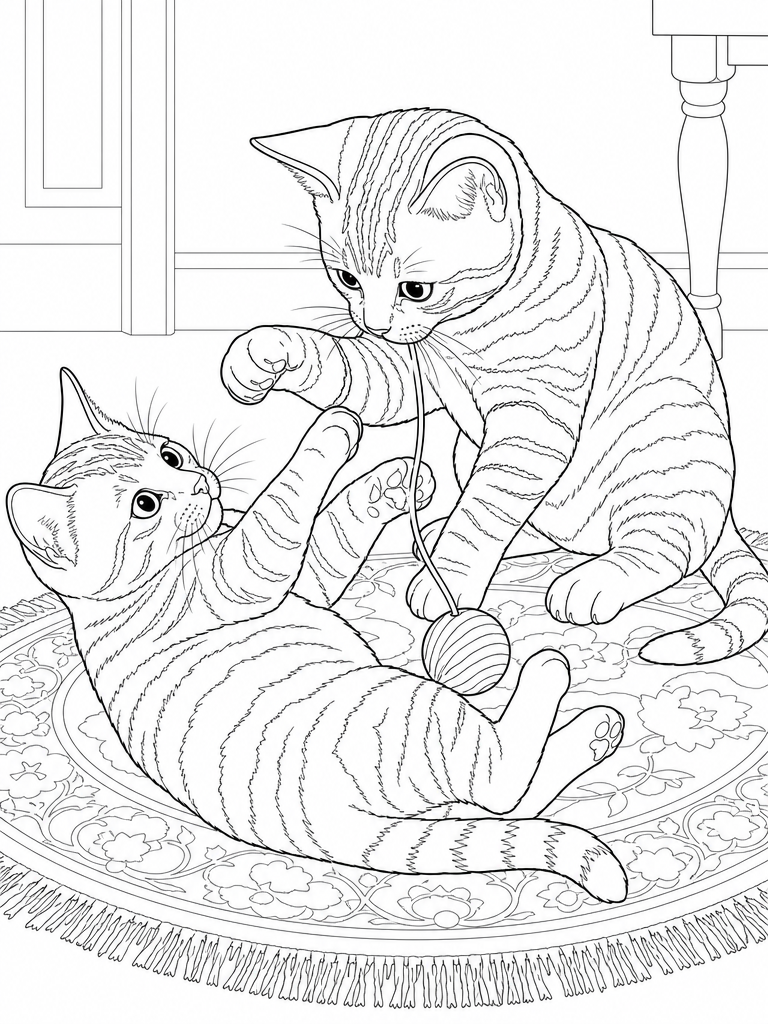 Tabby Kittens Playing coloring page — Two tabby kittens playing on a rug