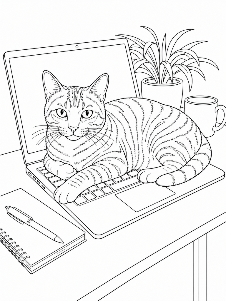 Tabby Laptop coloring page — Tabby lying across a laptop