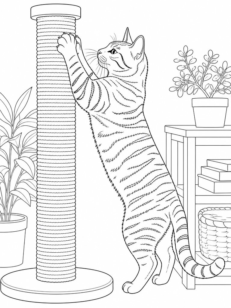 Tabby Scratching Post coloring page — Tabby stretching up a scratching post