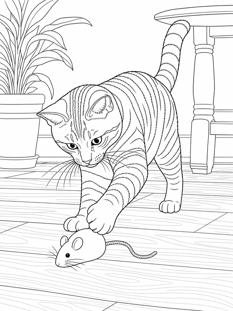Tabby Toy Mouse coloring page — Tabby batting a toy mouse