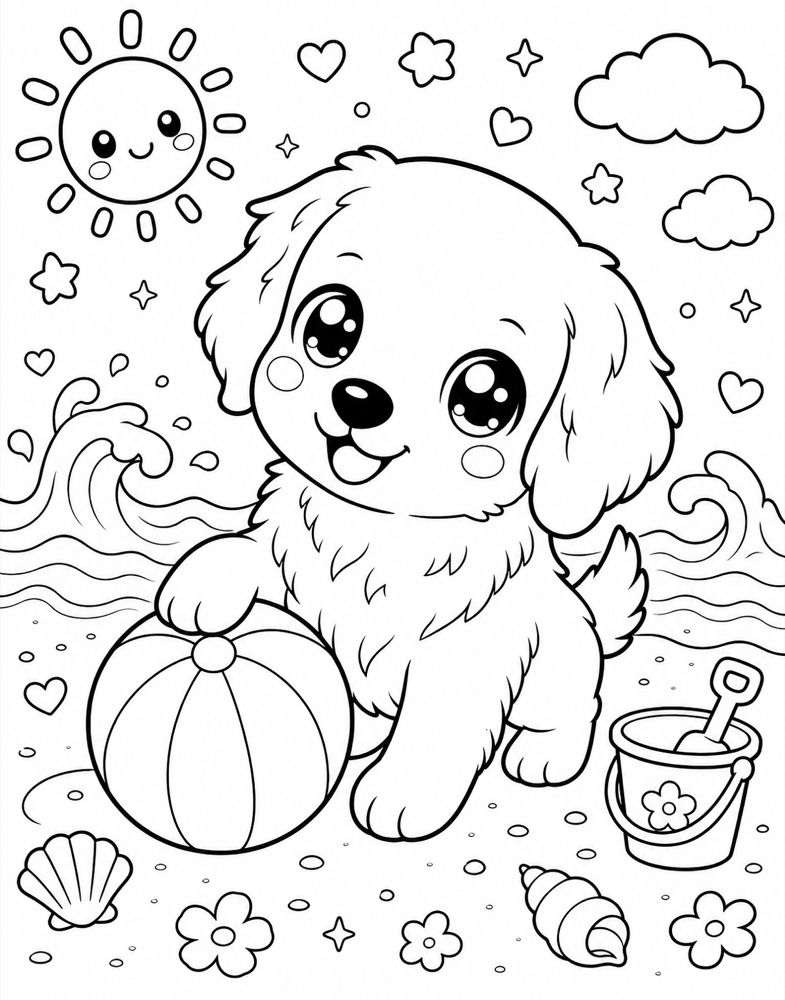 Cartoon coloring page — beach scene