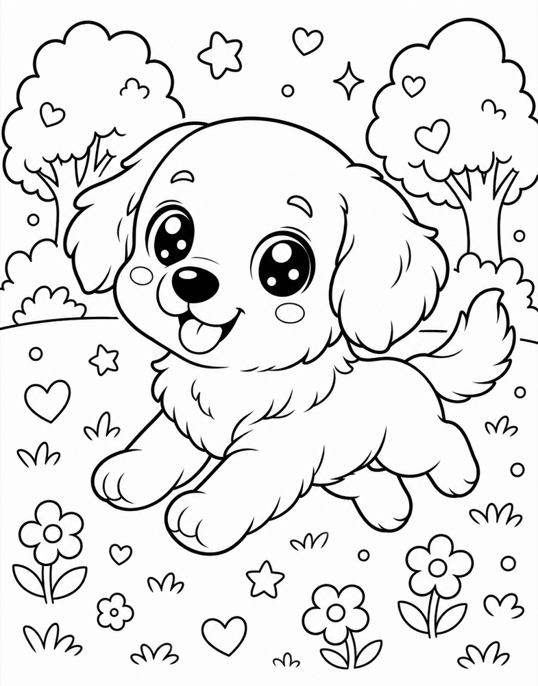 The same dog drawn as a cartoon coloring page