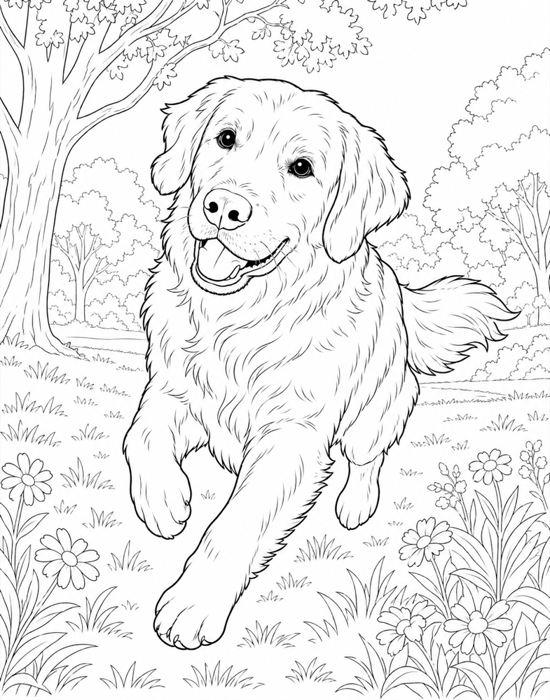 The same dog drawn as a realistic coloring page